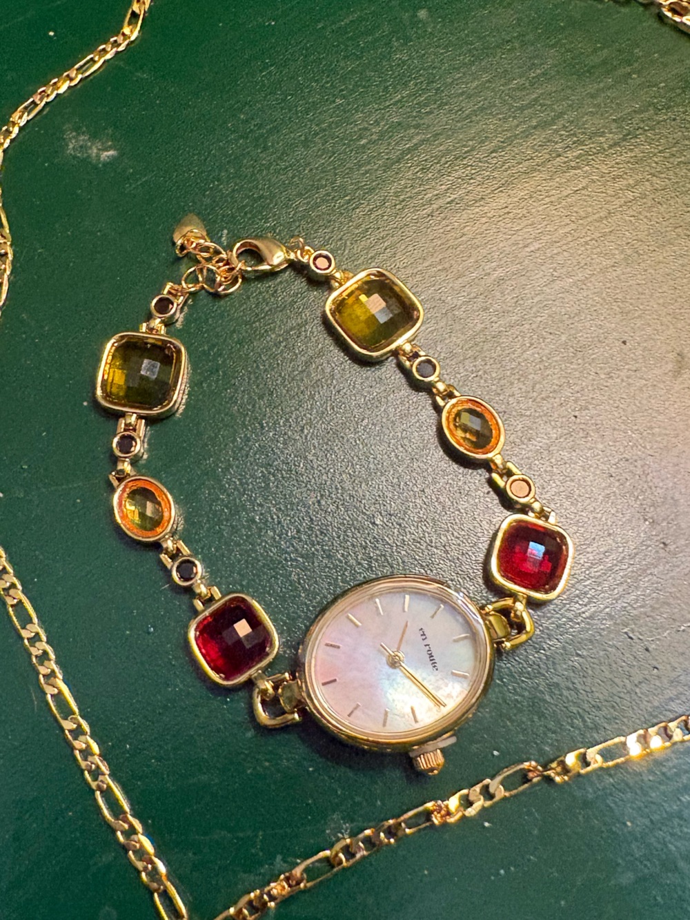 Gold Tone Watch Bracelet with Multi-Color Gem Accents and Gold Necklace - Picture 2 of 4